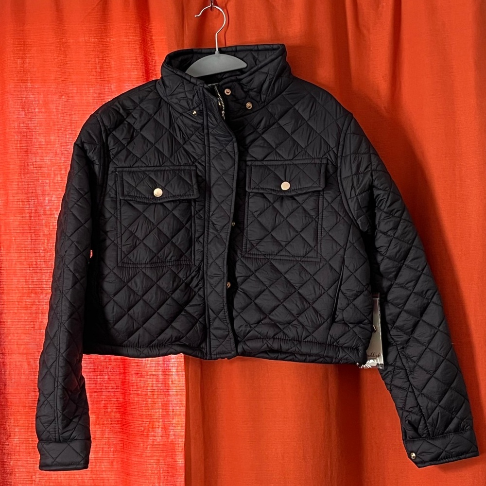 NWT. Snobbish Black Quilted Floral Lined Cropped Jacket